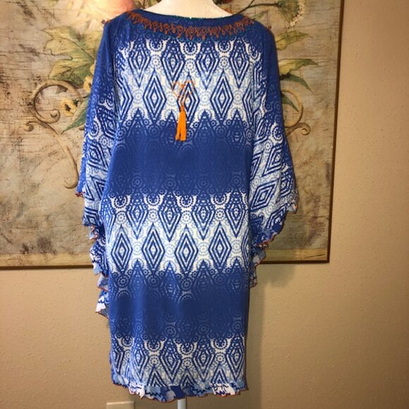 Sz M Kalypso 7 Blue & White Ombre Print Beach Coverup with Orange Embroi… - Picture 14 of 17